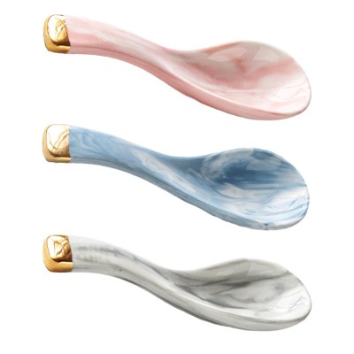 Hot Sales Marble Design Gold Inlay Porcelain Spoons Pink Blue Grey Ceramic Spoon Ladle Scoop Dinnerware